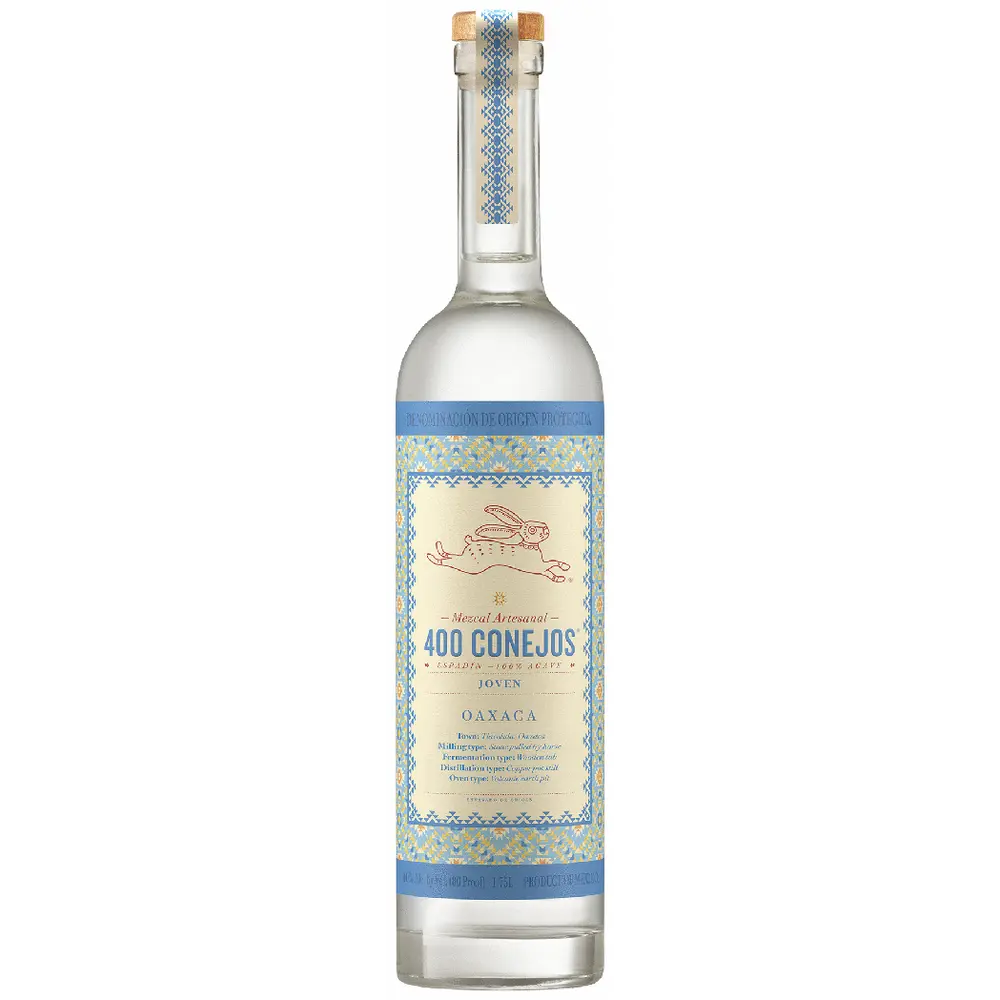Bottle of 400 Conejos Mezcal on a white background