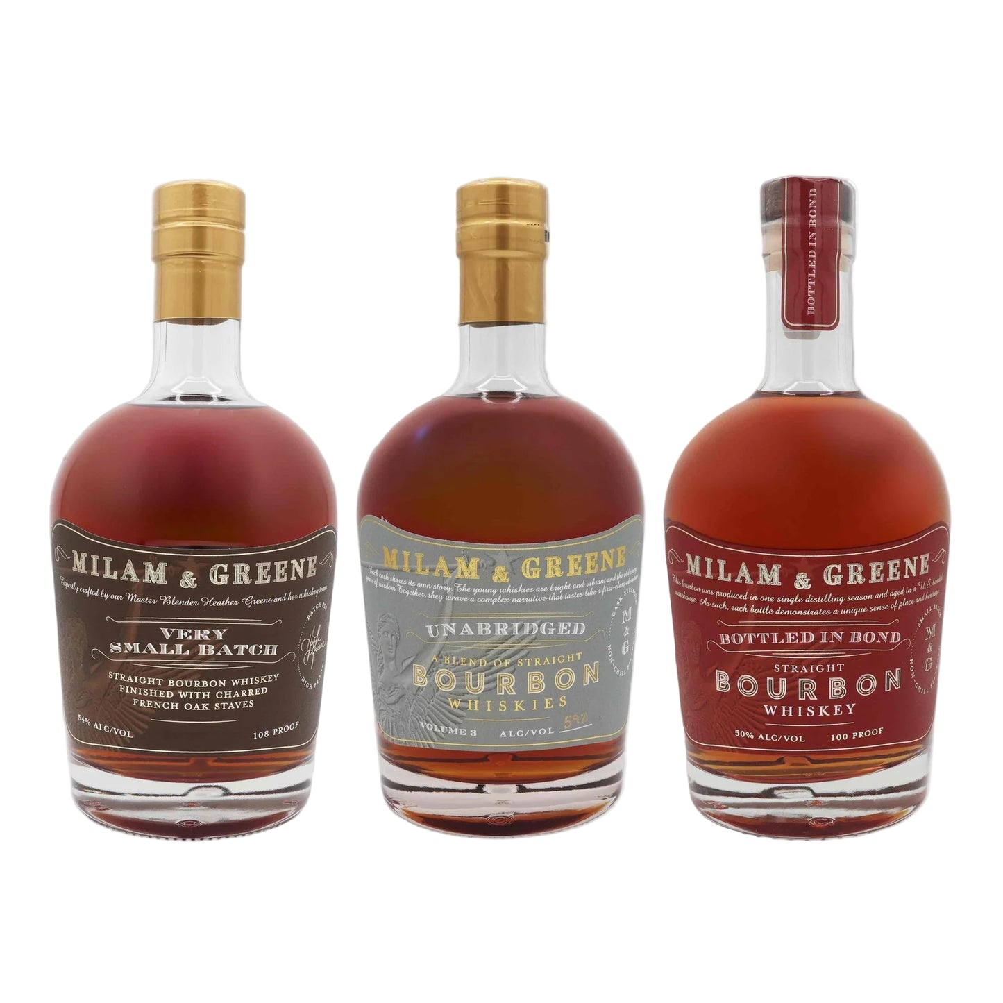Three bottles of Milam & Greene bourbon whiskey on a gray background