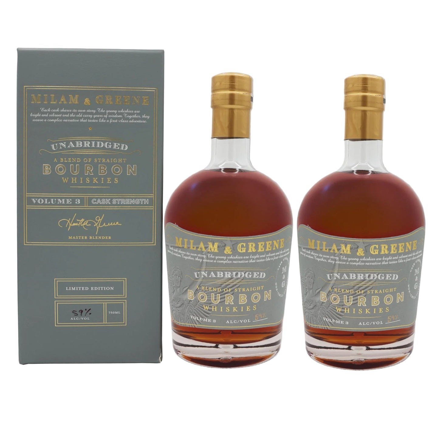 Two bottles of Milam & Greene Unabridged Bourbon Whiskies with a box on a gray background