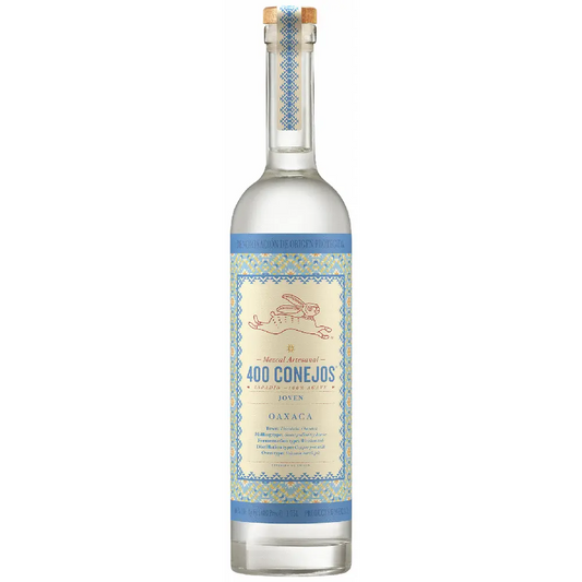 Bottle of 400 Conejos Mezcal on a white background