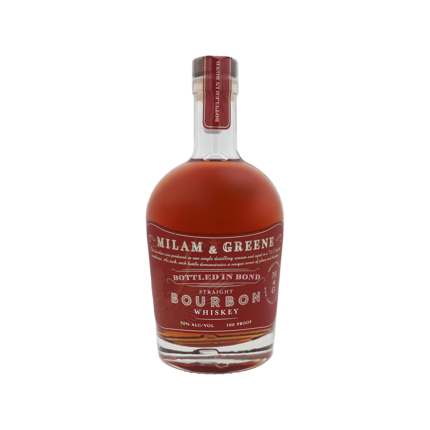 Bottle of Milam & Greene Bourbon Whiskey on a white background