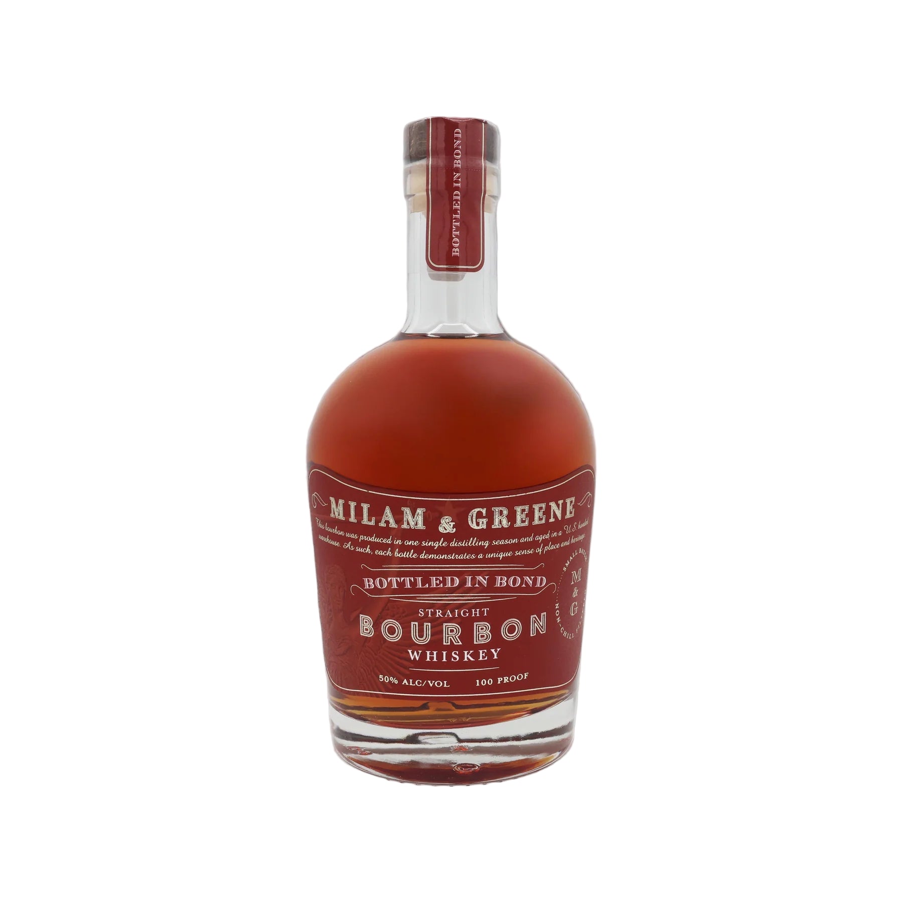 Bottle of Milam & Greene Bourbon Whiskey on a white background