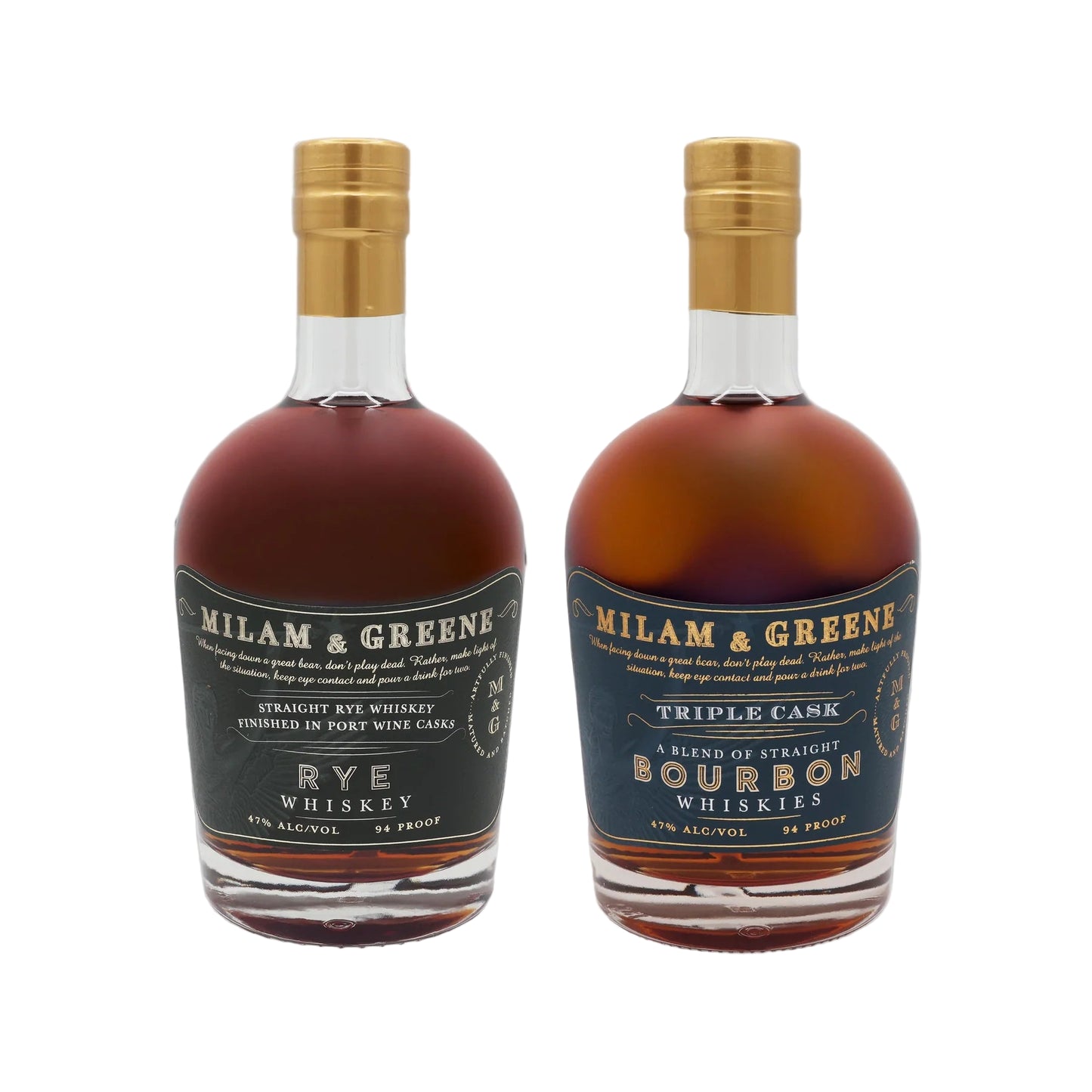 Two bottles of Milam & Greene whiskey on a gray background