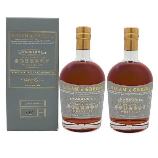 Two bottles of Milam & Greene Unabridged Bourbon Whiskies with a box on a gray background